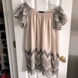 Boho beige and black off the shoulder linen dress
